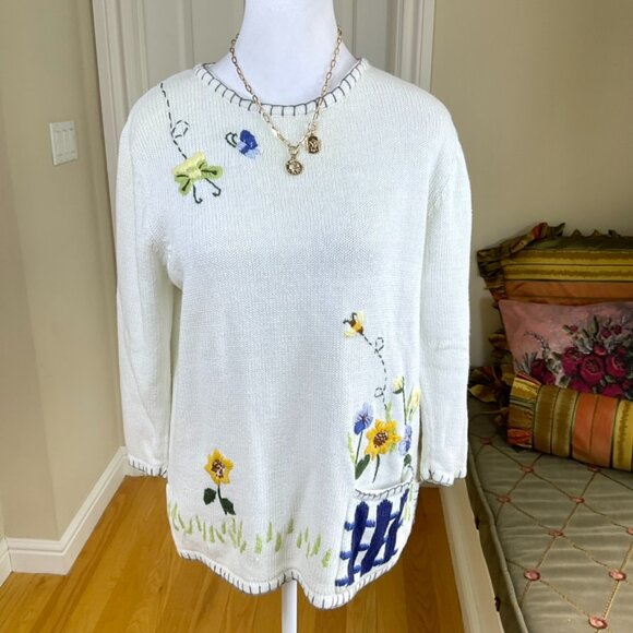 Style Studio Sweater Cotton Ivory Multi Embroidered Spring Crew Neck Vintage (S) - Picture 1 of 7